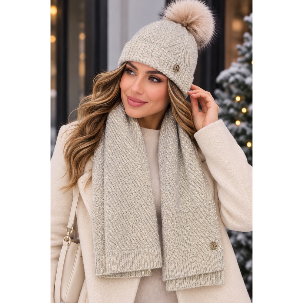 Calvin Klein Ivory Gold Metallic Knit Pom Pom Beanie & Scarf Set